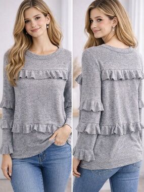 Cozy Gray Ruffle Knit Pullover Sweatshirt